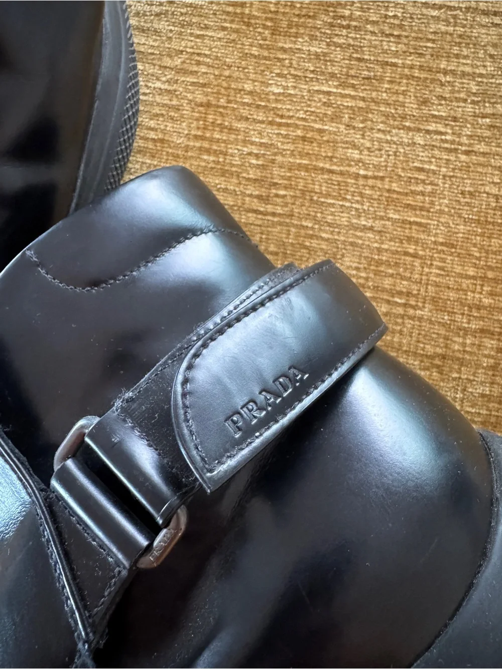 Prada Linea Rossa Black Leather Ankle Boots Chunky Lug Sole Harness Strap Men’s